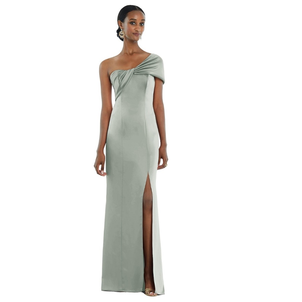TWIST CUFF ONE-SHOULDER PRINCESS LINE TRUMPET GOWN IN WILLOW GREEN - Dessy Group